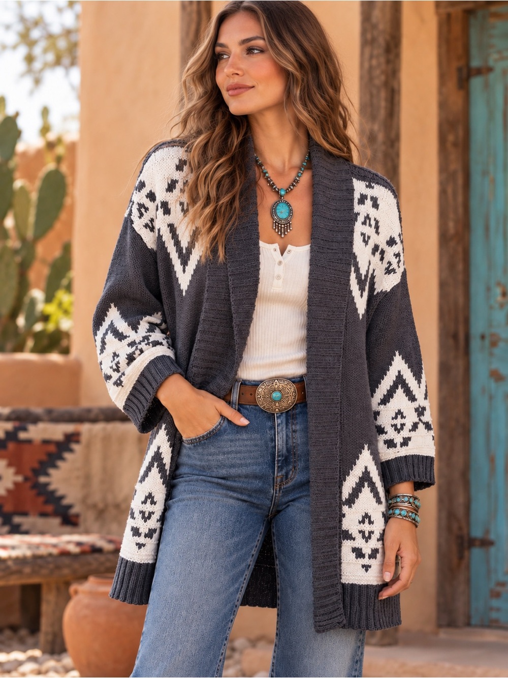 AERIE Open Front Aztec Drape Cotton Blend Southwestern Cardigan Size M